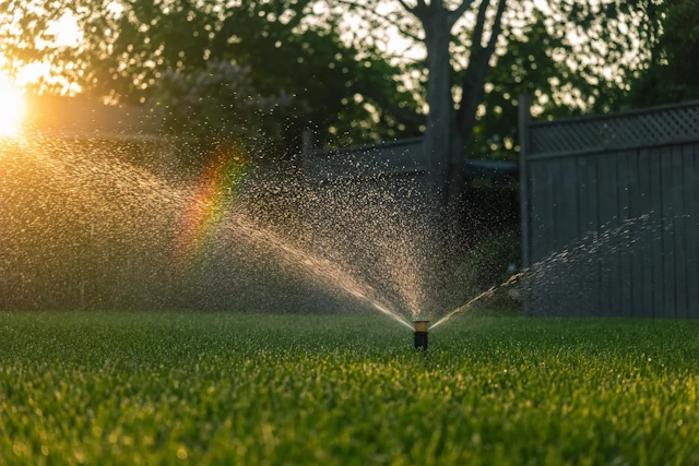 Arrosoir au coucher de soleil sur pelouse